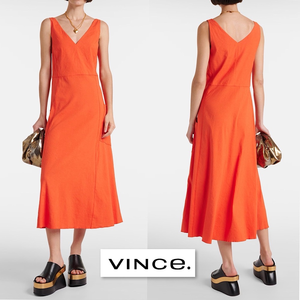Vince Relaxed V-Neck Patch Pocket Dress Ruby Dusk XL A-Line Midi Linen Blend